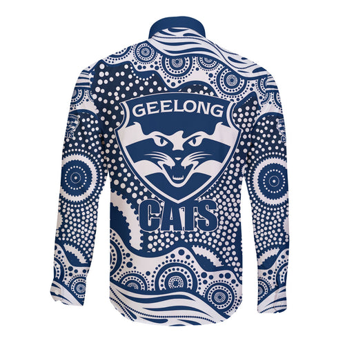 Geelong Cats Long Sleeve Button Shirt Aboriginal Dot Pattern - Football Mascot Heritage Pride