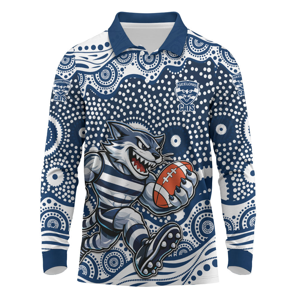 Geelong Cats Long Sleeve Polo Shirt Aboriginal Dot Pattern - Football Mascot Heritage Pride