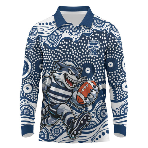 Geelong Cats Long Sleeve Polo Shirt Aboriginal Dot Pattern - Football Mascot Heritage Pride