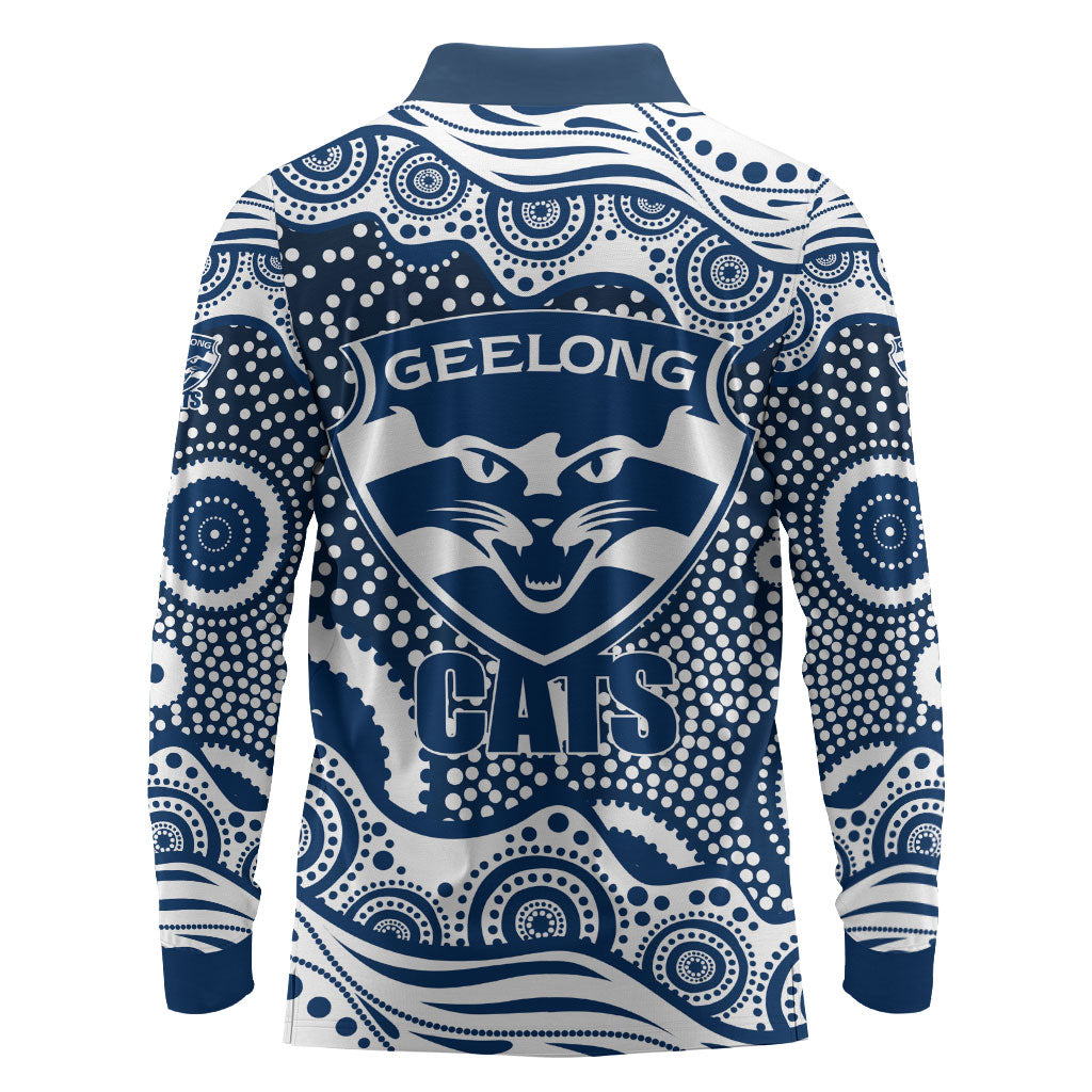 Geelong Cats Long Sleeve Polo Shirt Aboriginal Dot Pattern - Football Mascot Heritage Pride