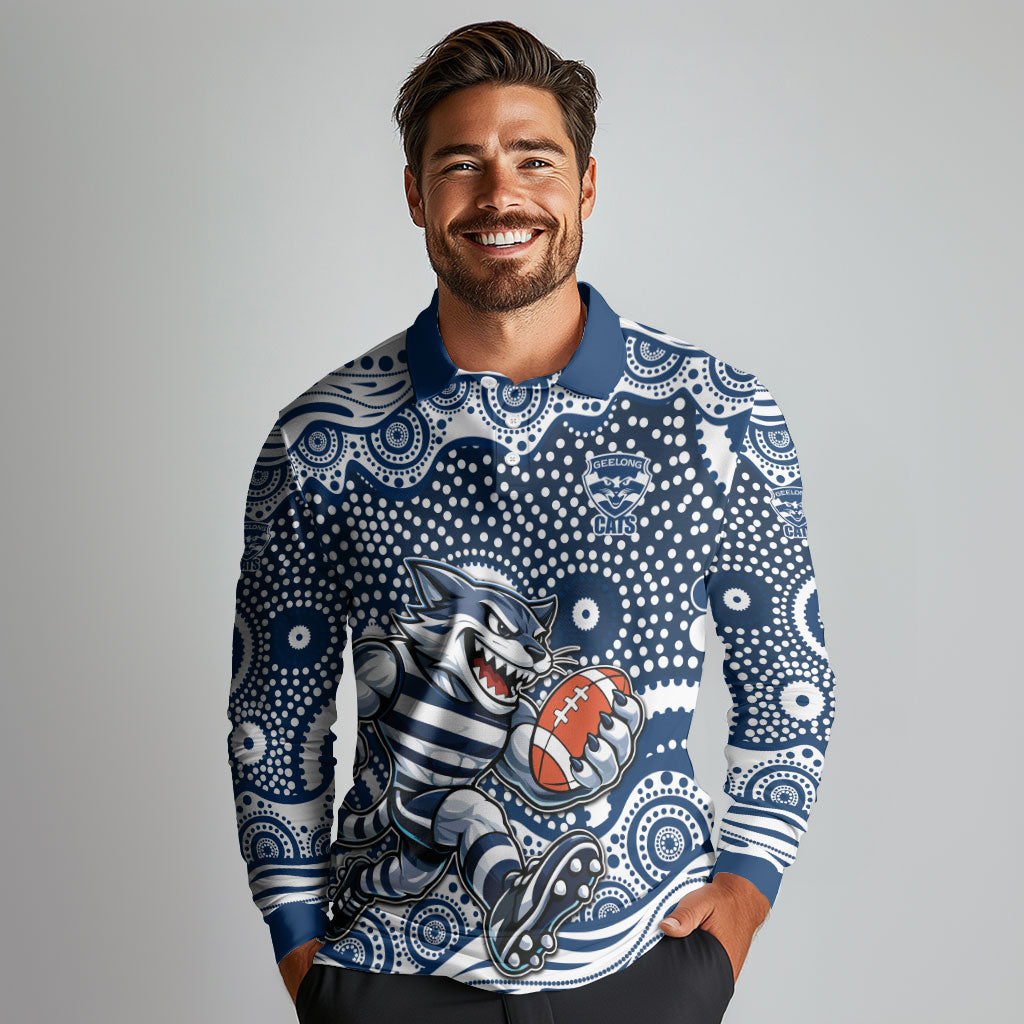 Geelong Cats Long Sleeve Polo Shirt Aboriginal Dot Pattern - Football Mascot Heritage Pride