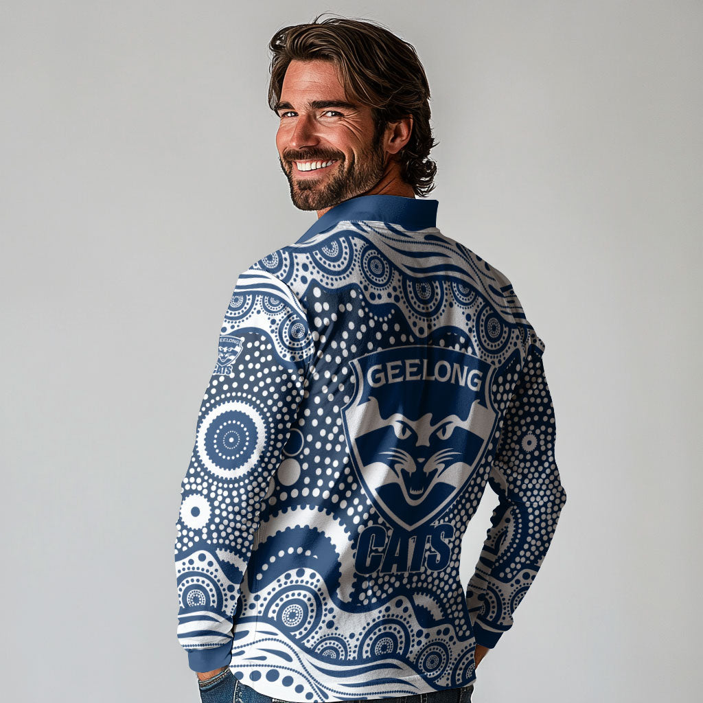 Geelong Cats Long Sleeve Polo Shirt Aboriginal Dot Pattern - Football Mascot Heritage Pride