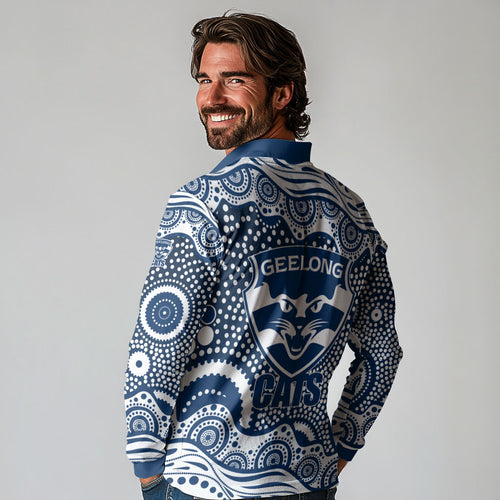 Geelong Cats Long Sleeve Polo Shirt Aboriginal Dot Pattern - Football Mascot Heritage Pride