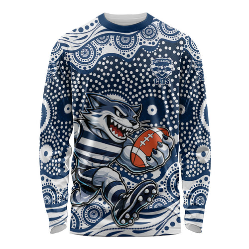 Geelong Cats Long Sleeve Shirt Aboriginal Dot Pattern - Football Mascot Heritage Pride