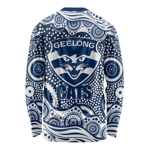 Geelong Cats Long Sleeve Shirt Aboriginal Dot Pattern - Football Mascot Heritage Pride