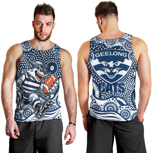 Geelong Cats Men Tank Top Aboriginal Dot Pattern - Football Mascot Heritage Pride
