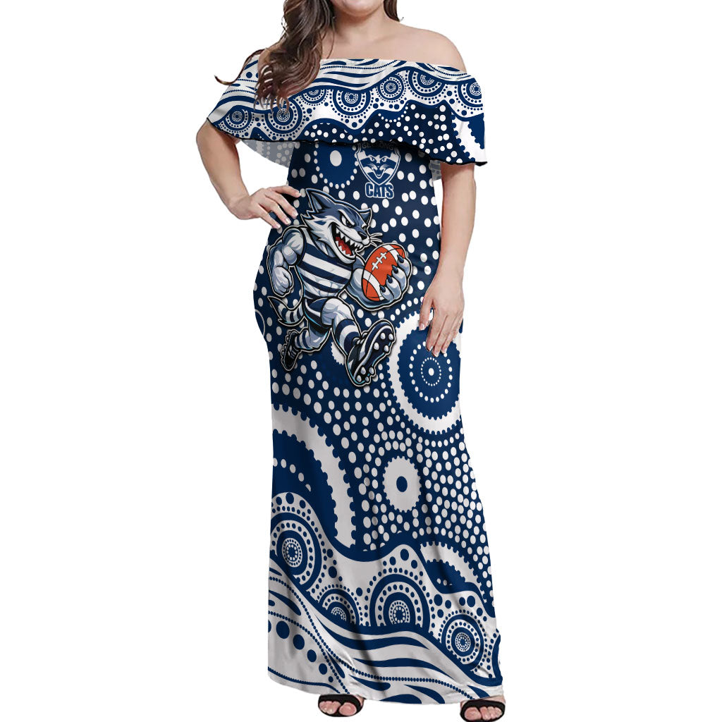 Geelong Cats Off Shoulder Maxi Dress Aboriginal Dot Pattern - Football Mascot Heritage Pride