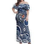 Geelong Cats Off Shoulder Maxi Dress Aboriginal Dot Pattern - Football Mascot Heritage Pride