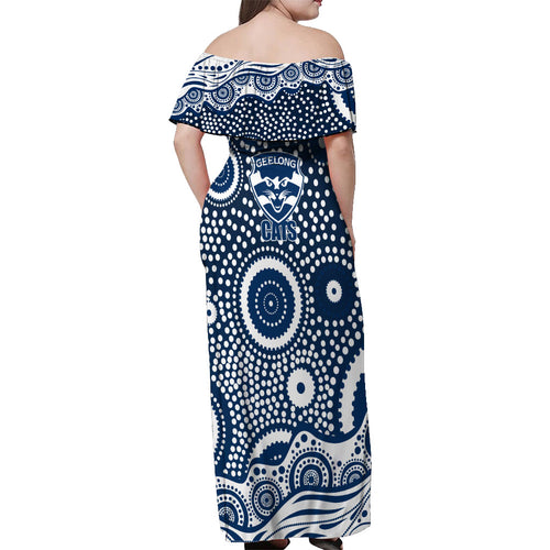 Geelong Cats Off Shoulder Maxi Dress Aboriginal Dot Pattern - Football Mascot Heritage Pride
