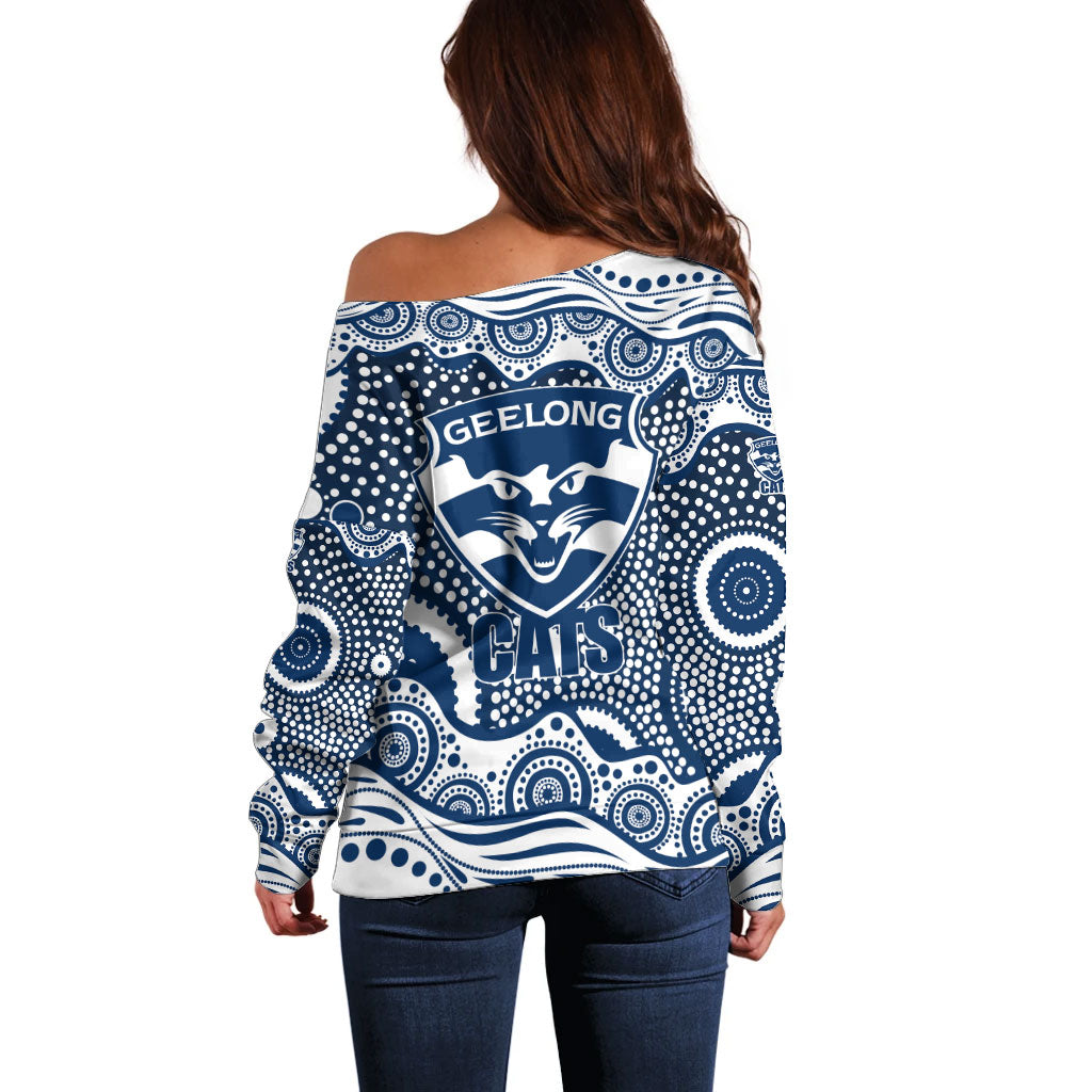 Geelong Cats Off Shoulder Sweater Aboriginal Dot Pattern - Football Mascot Heritage Pride