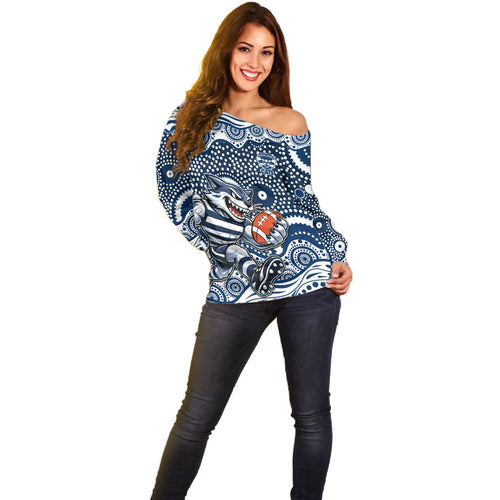 Geelong Cats Off Shoulder Sweater Aboriginal Dot Pattern - Football Mascot Heritage Pride