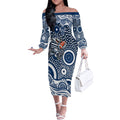 Geelong Cats Off The Shoulder Long Sleeve Dress Aboriginal Dot Pattern - Football Mascot Heritage Pride