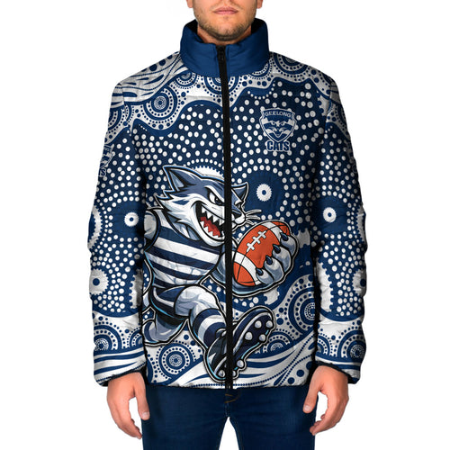 Geelong Cats Padded Jacket Aboriginal Dot Pattern - Football Mascot Heritage Pride