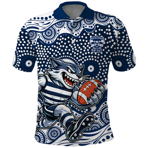 Geelong Cats Polo Shirt Aboriginal Dot Pattern - Football Mascot Heritage Pride