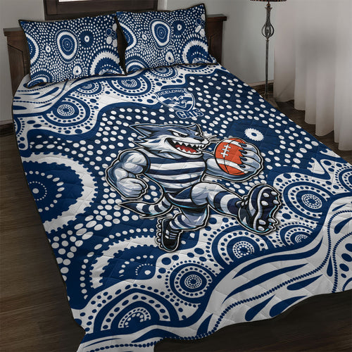 Geelong Cats Quilt Bed Set Aboriginal Dot Pattern - Football Mascot Heritage Pride