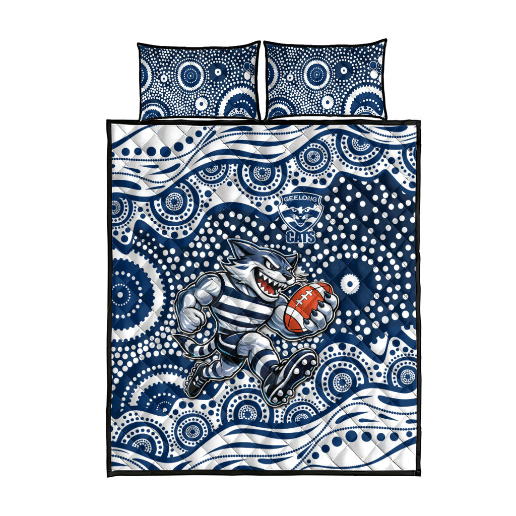 Geelong Cats Quilt Bed Set Aboriginal Dot Pattern - Football Mascot Heritage Pride