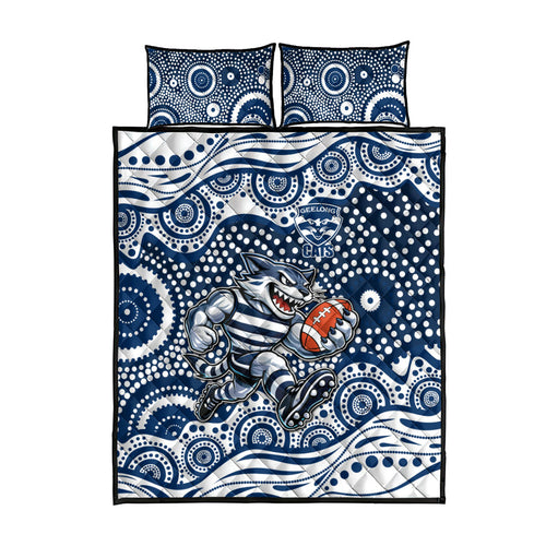 Geelong Cats Quilt Bed Set Aboriginal Dot Pattern - Football Mascot Heritage Pride
