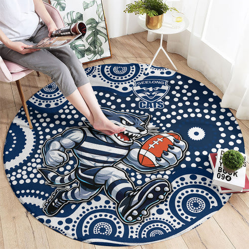 Geelong Cats Round Carpet Aboriginal Dot Pattern - Football Mascot Heritage Pride