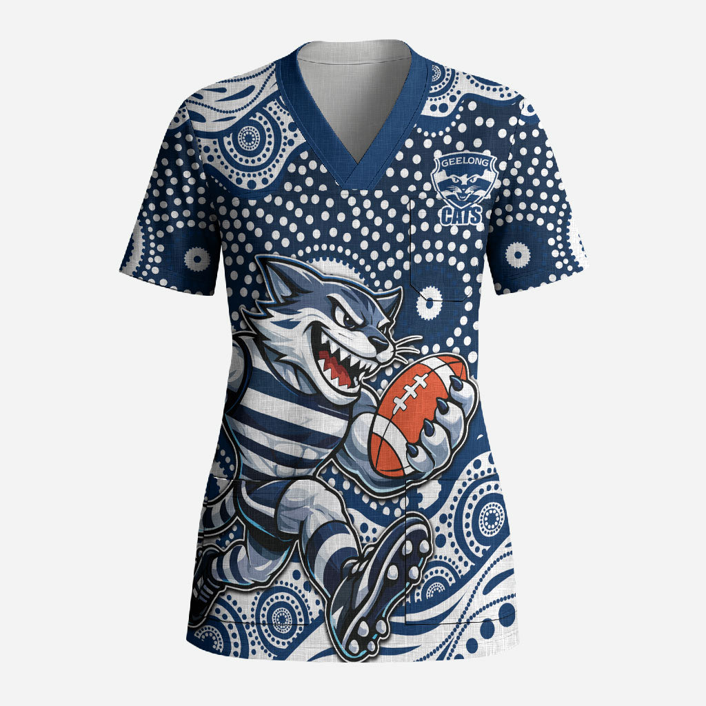 Geelong Cats Scrub Top Aboriginal Dot Pattern - Football Mascot Heritage Pride