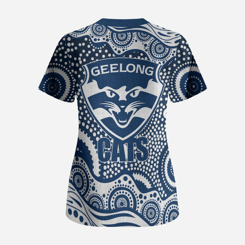 Geelong Cats Scrub Top Aboriginal Dot Pattern - Football Mascot Heritage Pride