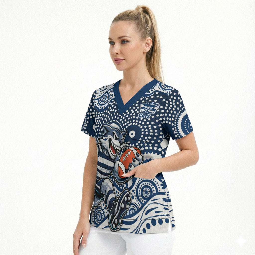 Geelong Cats Scrub Top Aboriginal Dot Pattern - Football Mascot Heritage Pride