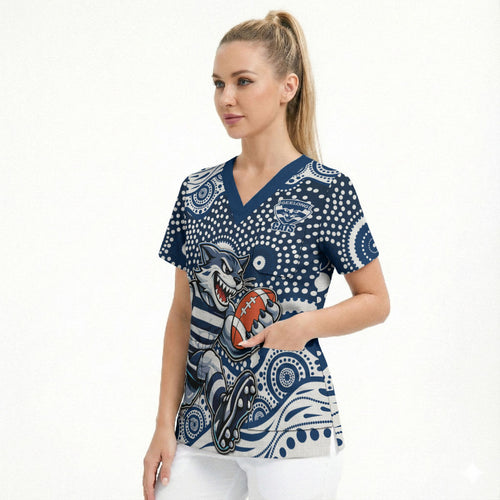 Geelong Cats Scrub Top Aboriginal Dot Pattern - Football Mascot Heritage Pride