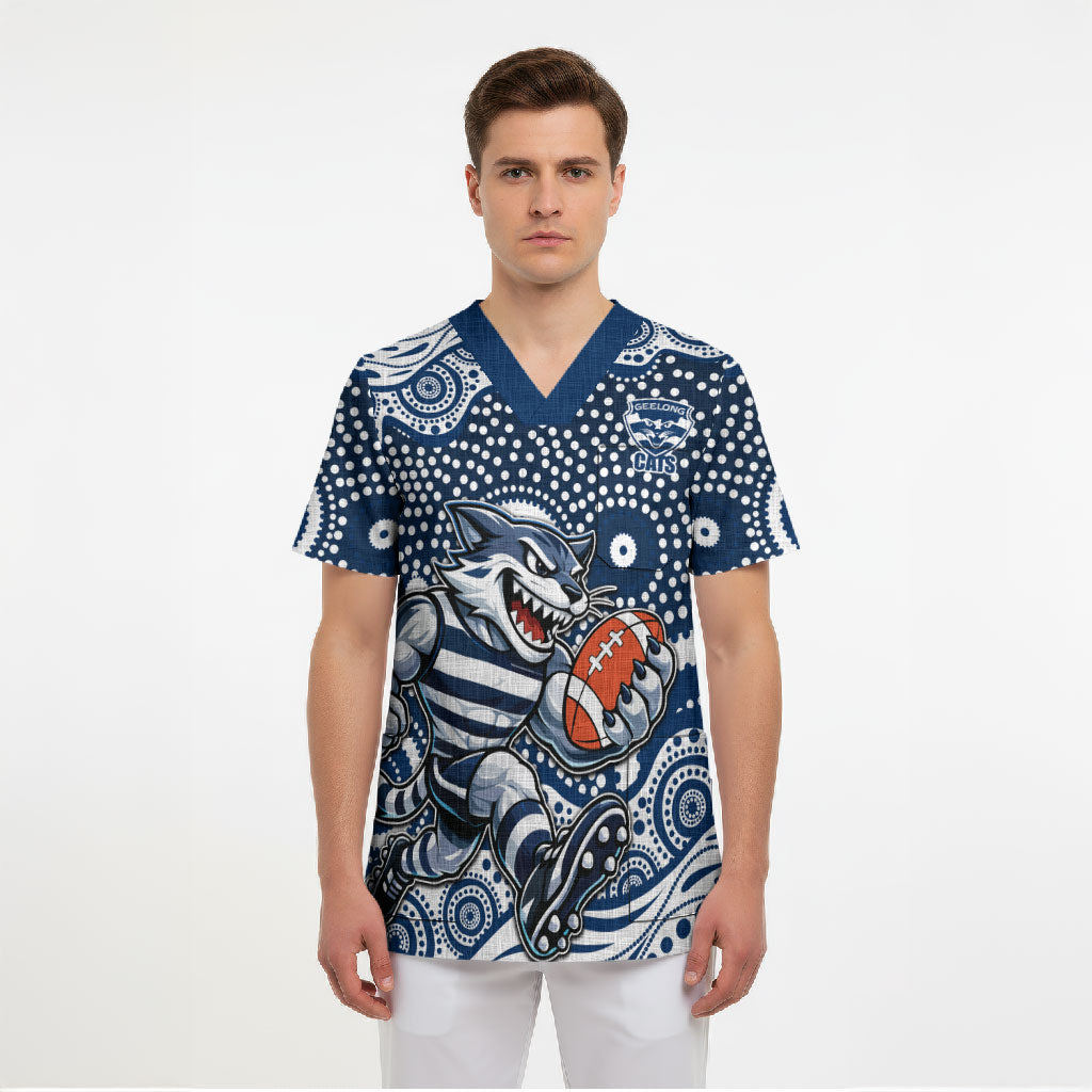 Geelong Cats Scrub Top Aboriginal Dot Pattern - Football Mascot Heritage Pride