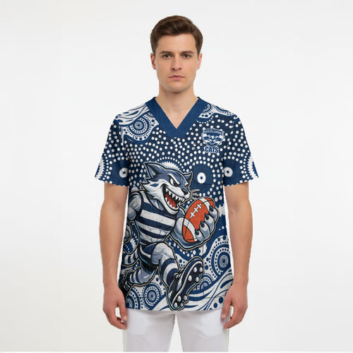Geelong Cats Scrub Top Aboriginal Dot Pattern - Football Mascot Heritage Pride