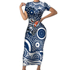 Geelong Cats Short Sleeve Bodycon Dress Aboriginal Dot Pattern - Football Mascot Heritage Pride