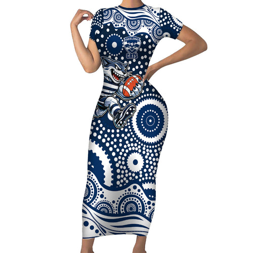 Geelong Cats Short Sleeve Bodycon Dress Aboriginal Dot Pattern - Football Mascot Heritage Pride