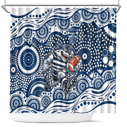 Geelong Cats Shower Curtain Aboriginal Dot Pattern - Football Mascot Heritage Pride