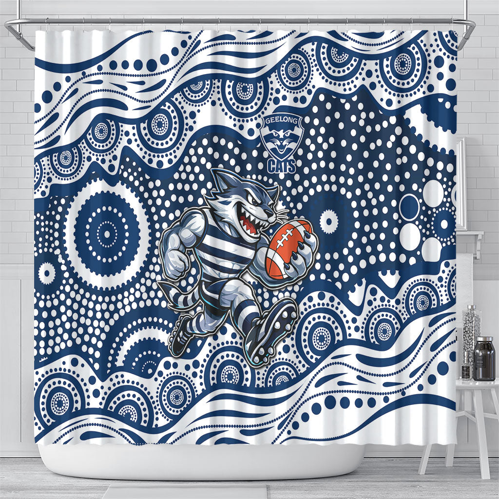 Geelong Cats Shower Curtain Aboriginal Dot Pattern - Football Mascot Heritage Pride
