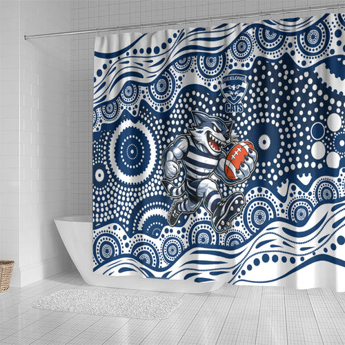 Geelong Cats Shower Curtain Aboriginal Dot Pattern - Football Mascot Heritage Pride