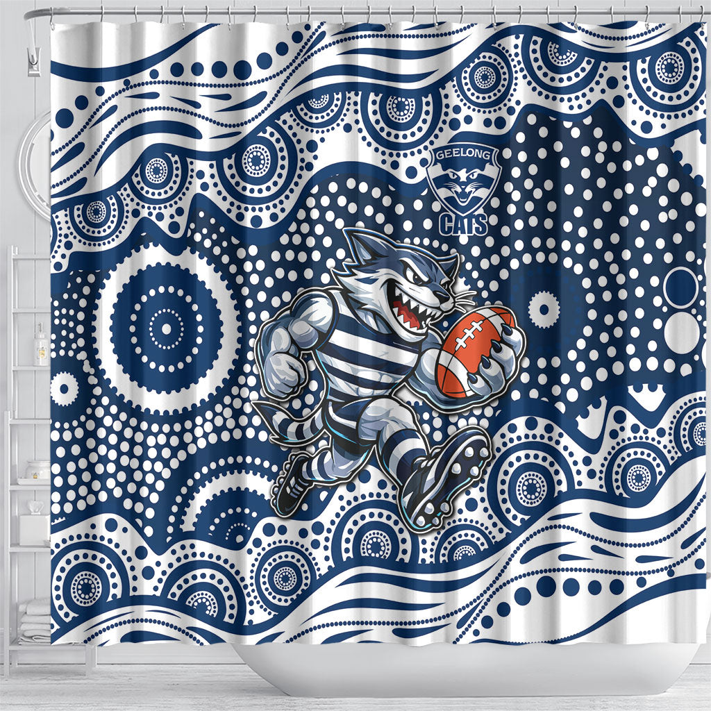 Geelong Cats Shower Curtain Aboriginal Dot Pattern - Football Mascot Heritage Pride