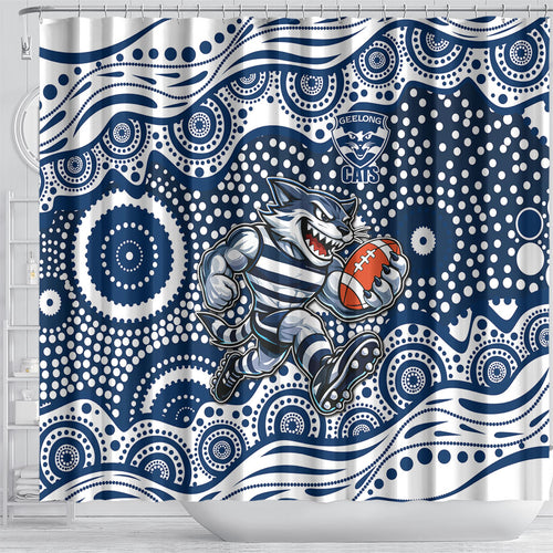 Geelong Cats Shower Curtain Aboriginal Dot Pattern - Football Mascot Heritage Pride