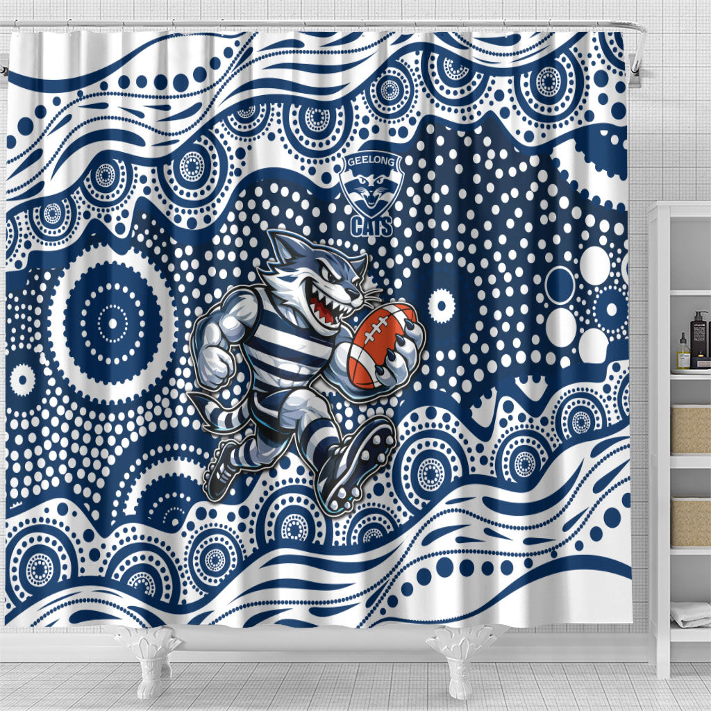 Geelong Cats Shower Curtain Aboriginal Dot Pattern - Football Mascot Heritage Pride