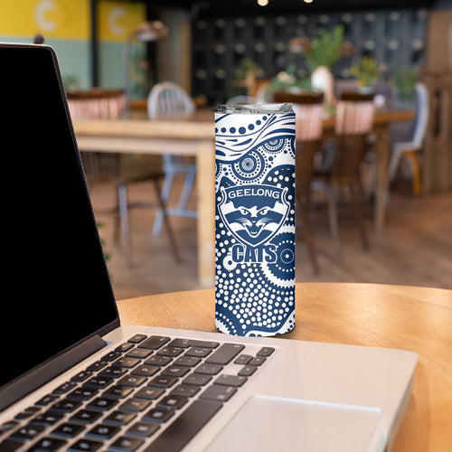 Geelong Cats Skinny Tumbler Aboriginal Dot Pattern - Football Mascot Heritage Pride