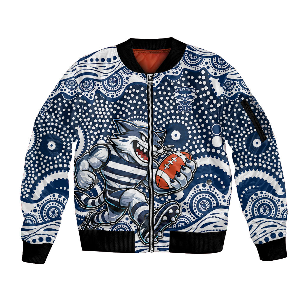 Geelong Cats Sleeve Zip Bomber Jacket Aboriginal Dot Pattern - Football Mascot Heritage Pride