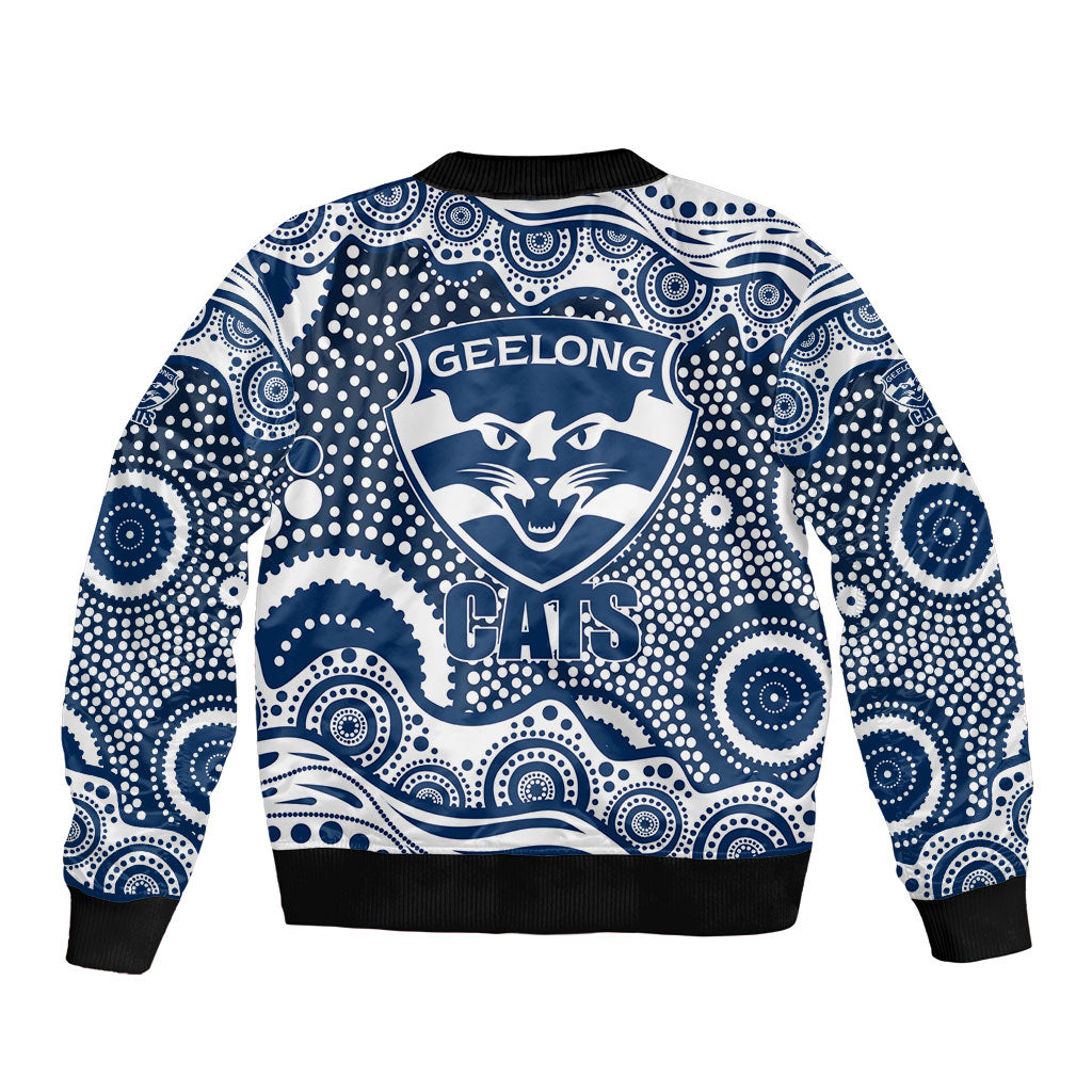 Geelong Cats Sleeve Zip Bomber Jacket Aboriginal Dot Pattern - Football Mascot Heritage Pride