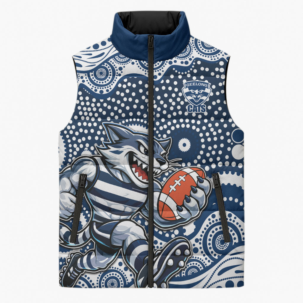 Geelong Cats Sleeveless Puffer Jacket Aboriginal Dot Pattern - Football Mascot Heritage Pride