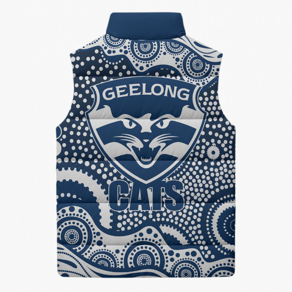 Geelong Cats Sleeveless Puffer Jacket Aboriginal Dot Pattern - Football Mascot Heritage Pride