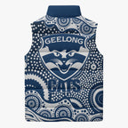 Geelong Cats Sleeveless Puffer Jacket Aboriginal Dot Pattern - Football Mascot Heritage Pride