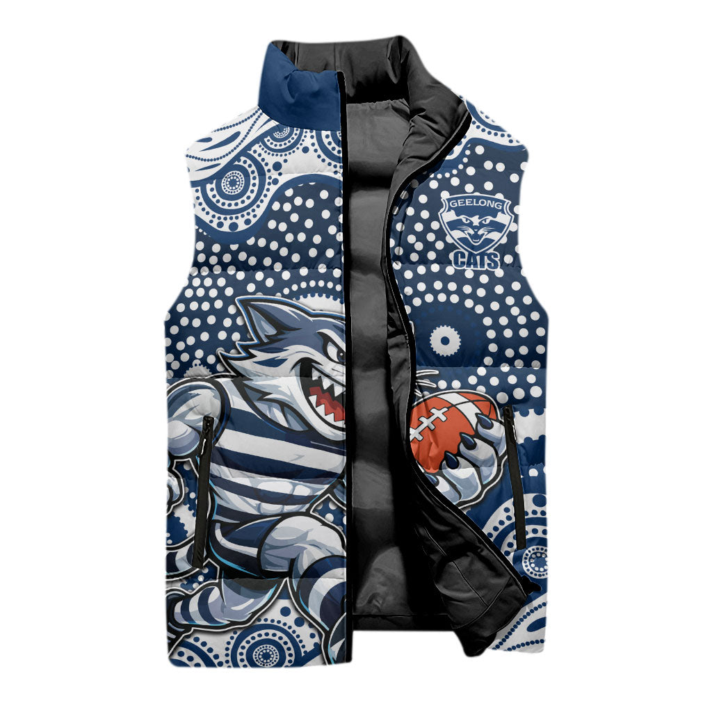 Geelong Cats Sleeveless Puffer Jacket Aboriginal Dot Pattern - Football Mascot Heritage Pride
