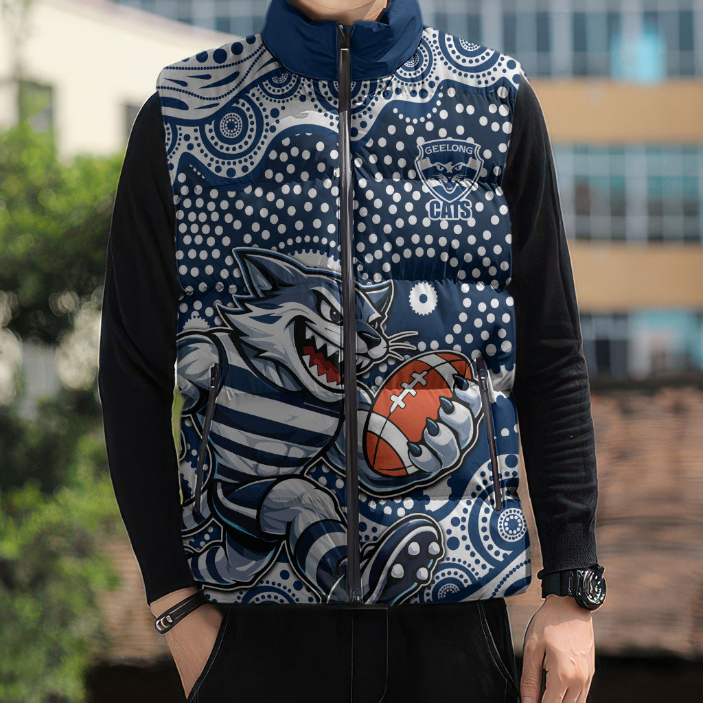 Geelong Cats Sleeveless Puffer Jacket Aboriginal Dot Pattern - Football Mascot Heritage Pride