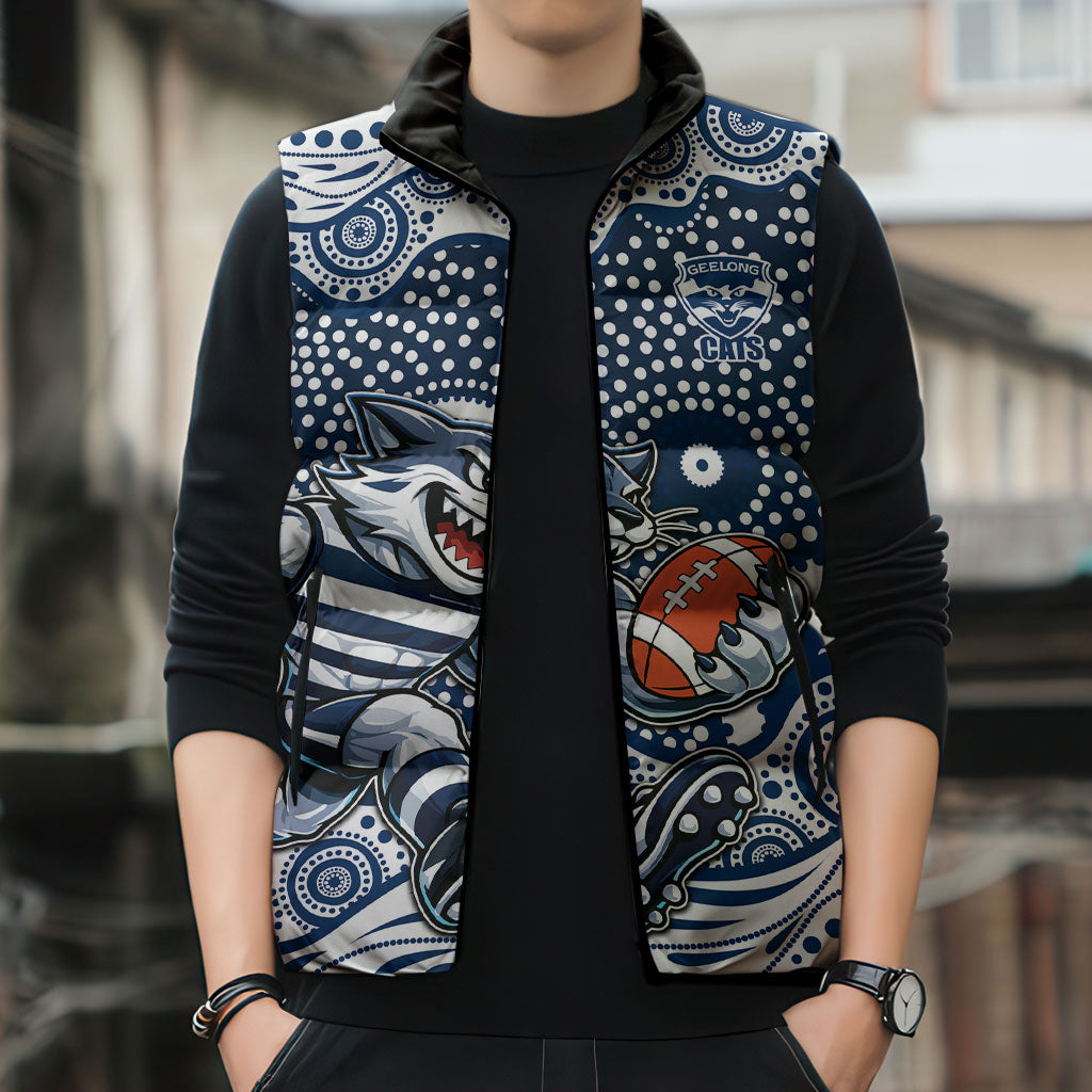 Geelong Cats Sleeveless Puffer Jacket Aboriginal Dot Pattern - Football Mascot Heritage Pride