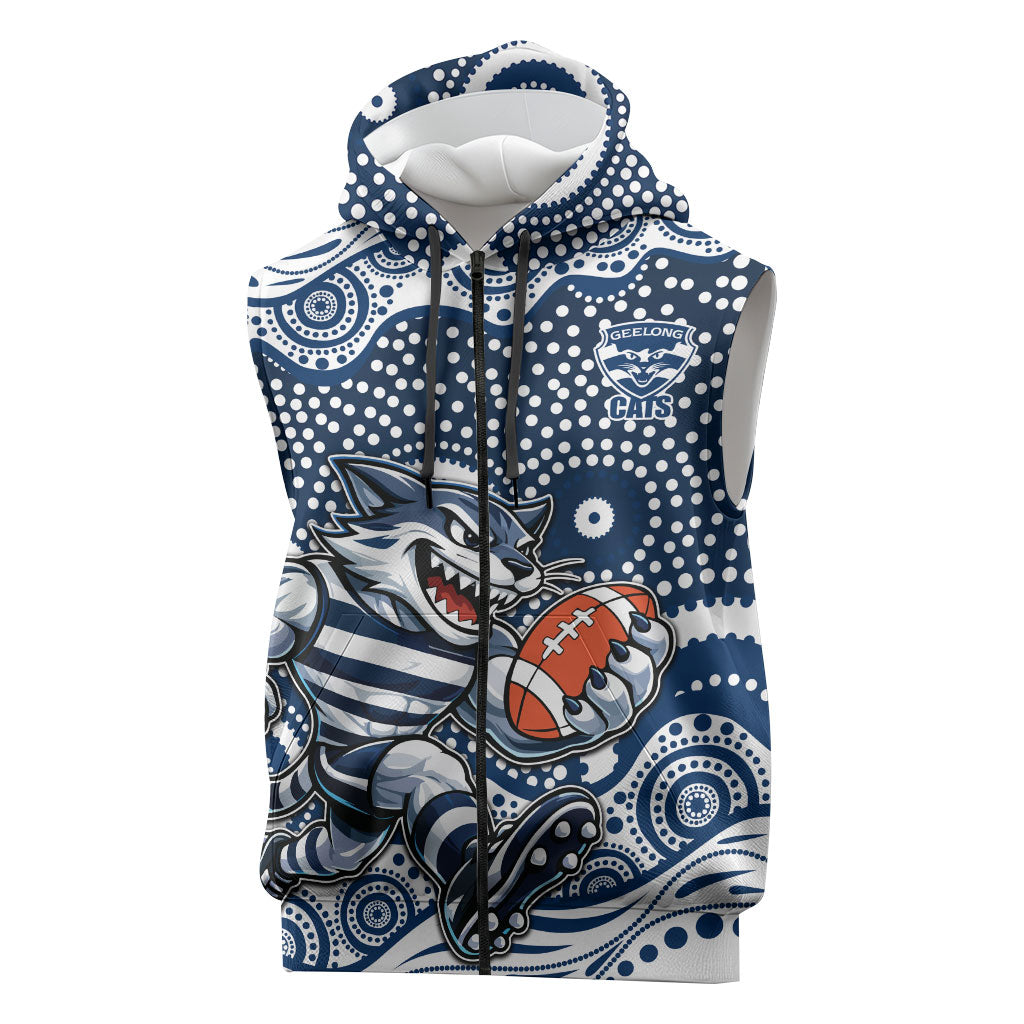 Geelong Cats Sleeveless Zip Hoodie Aboriginal Dot Pattern - Football Mascot Heritage Pride