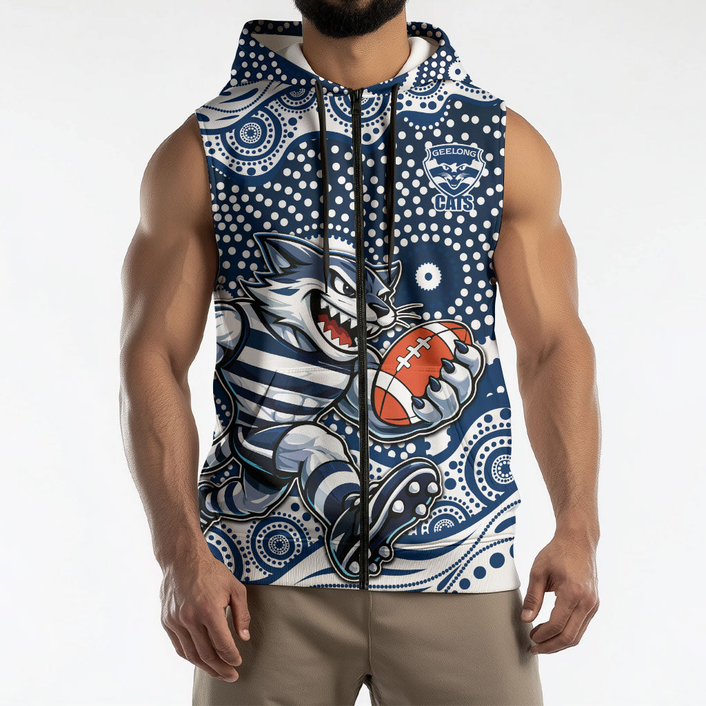 Geelong Cats Sleeveless Zip Hoodie Aboriginal Dot Pattern - Football Mascot Heritage Pride