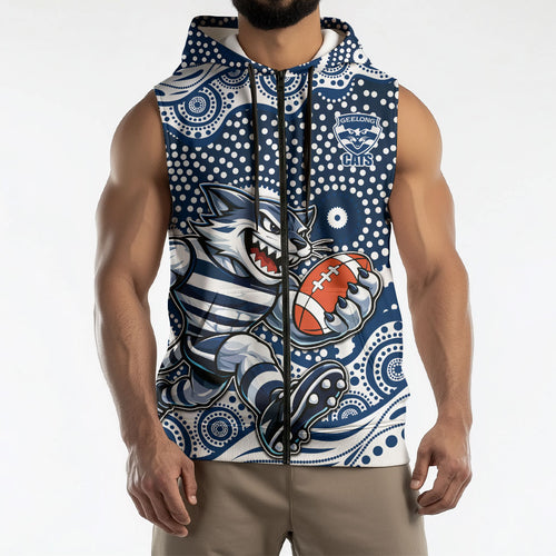Geelong Cats Sleeveless Zip Hoodie Aboriginal Dot Pattern - Football Mascot Heritage Pride