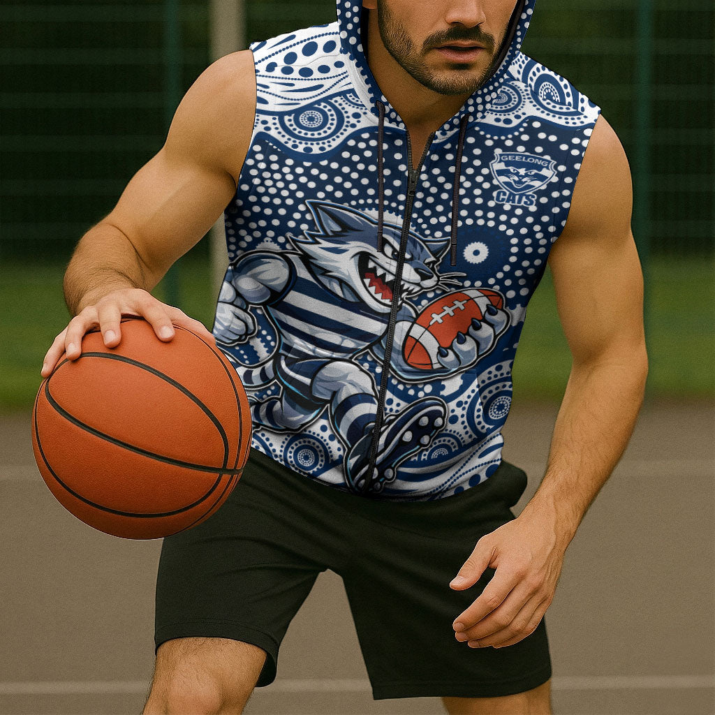 Geelong Cats Sleeveless Zip Hoodie Aboriginal Dot Pattern - Football Mascot Heritage Pride
