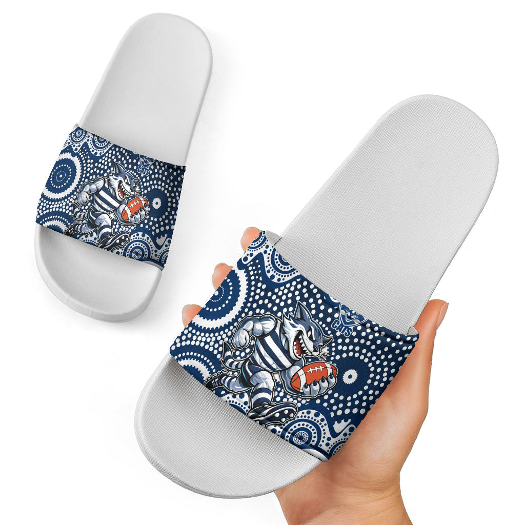 Geelong Cats Slide Sandals Aboriginal Dot Pattern - Football Mascot Heritage Pride